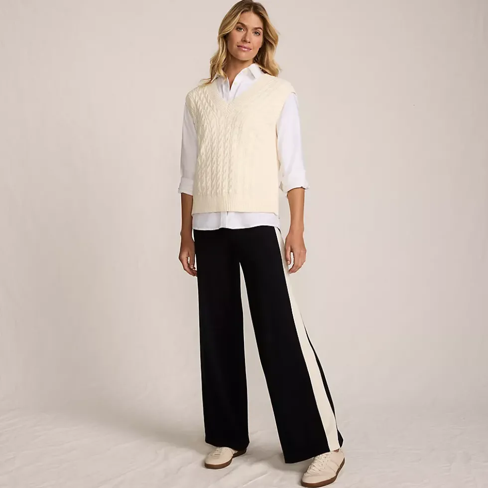 Women's Fine Gauge Cotton Side Stripe Wide Leg Sweater Pants
