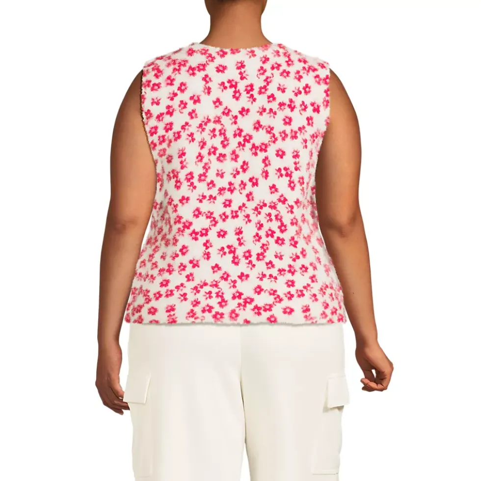 Women's Fine Gauge Eyelash Printed Sleeveless Sweater - Set Top