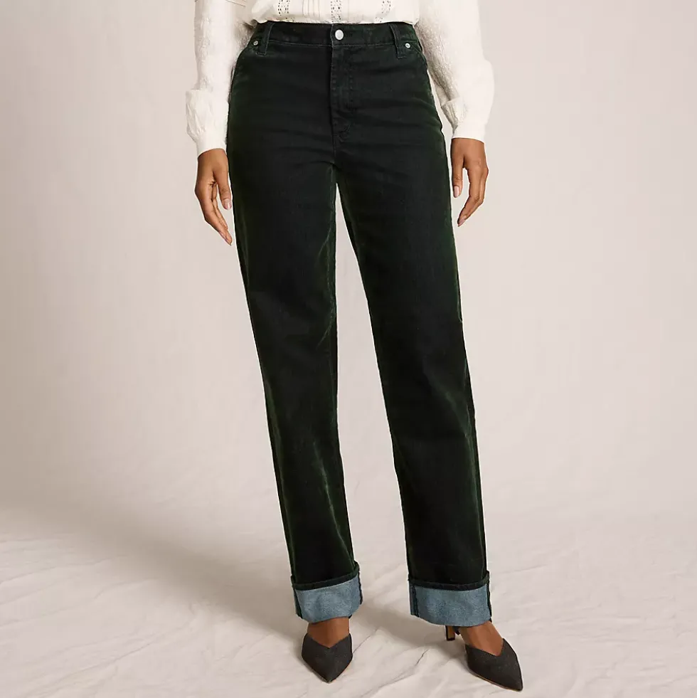 Women's Flocked Denim Mid Rise Relaxed Straight Leg Cuff Jeans