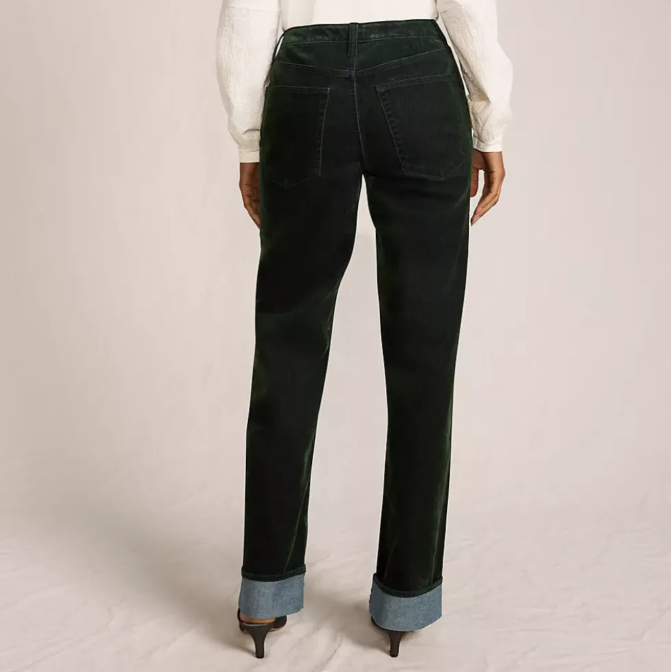 Women's Flocked Denim Mid Rise Relaxed Straight Leg Cuff Jeans