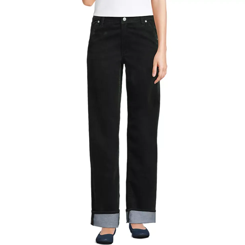 Women's Flocked Denim Mid Rise Relaxed Straight Leg Cuff Jeans