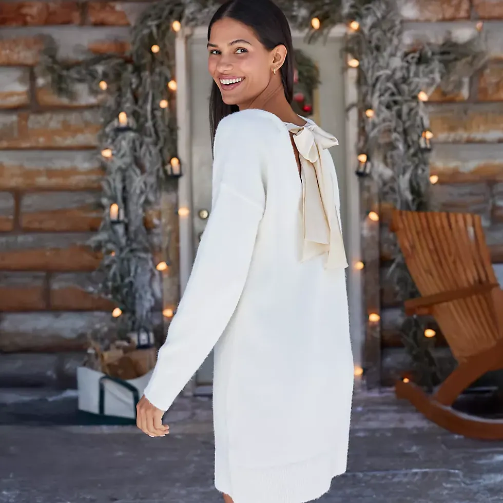 Women's Fuzzy Bow Back Mini Sweater Dress