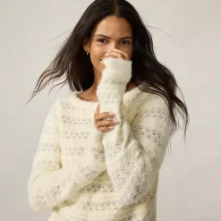 Women's Fuzzy Eyelash Cable Boatneck Sweater