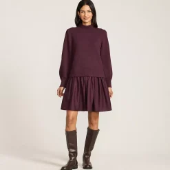 Women's Fuzzy Lantern Sleeve Mock Neck Mini Twofer Dress