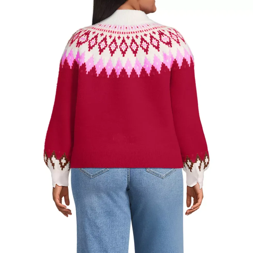 Women's Fuzzy Turtleneck Lantern Sleeve Jacquard Sweater
