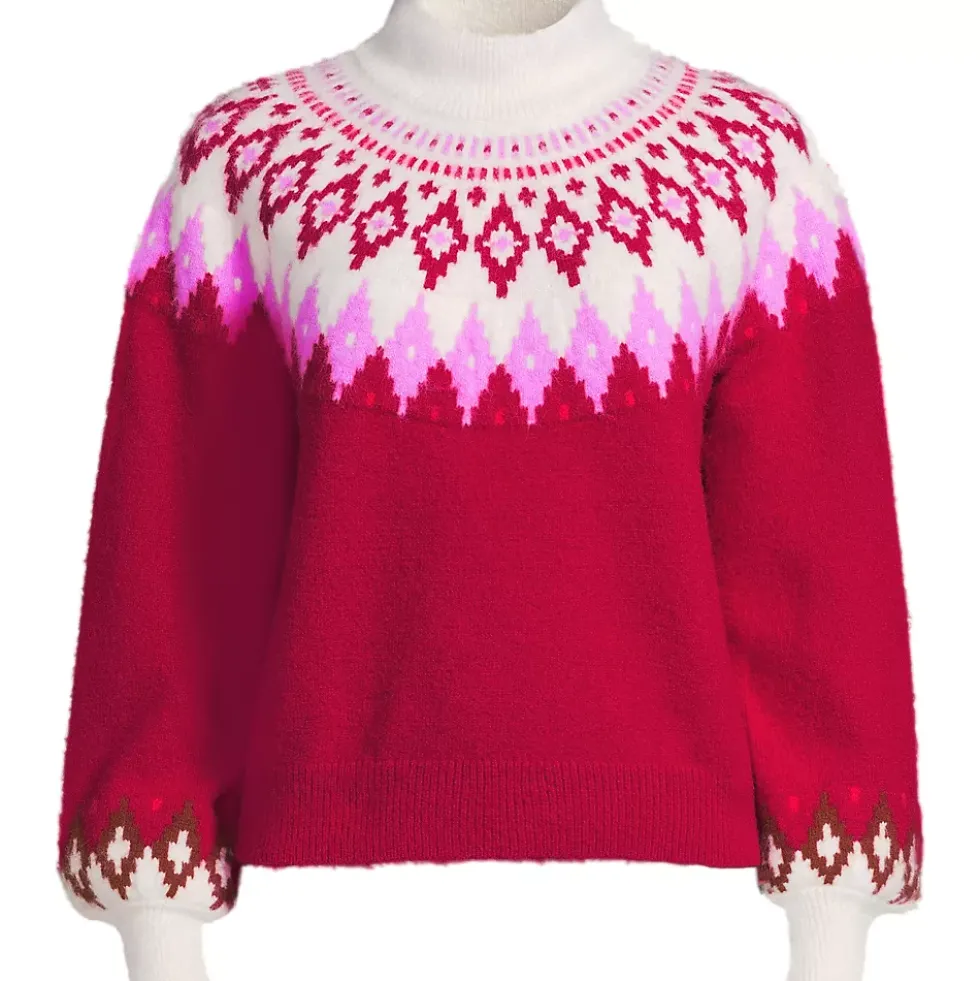 Women's Fuzzy Turtleneck Lantern Sleeve Jacquard Sweater
