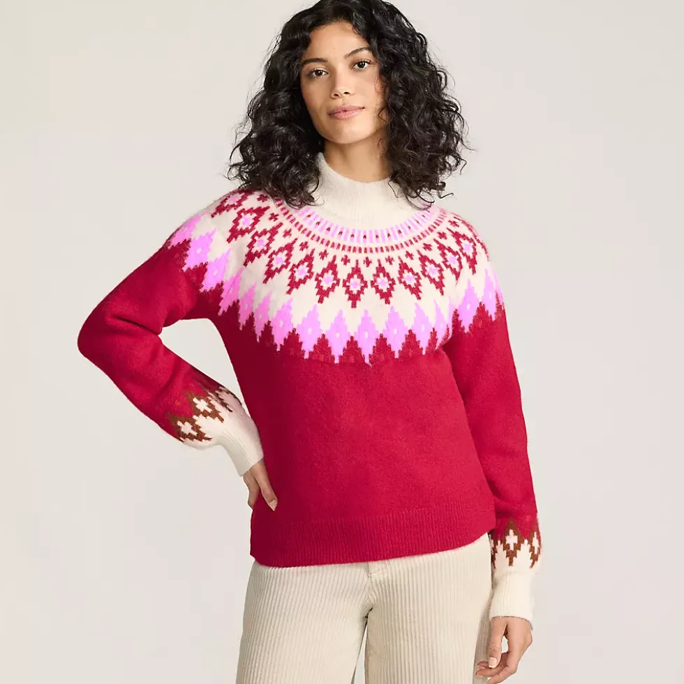 Women's Fuzzy Turtleneck Lantern Sleeve Jacquard Sweater