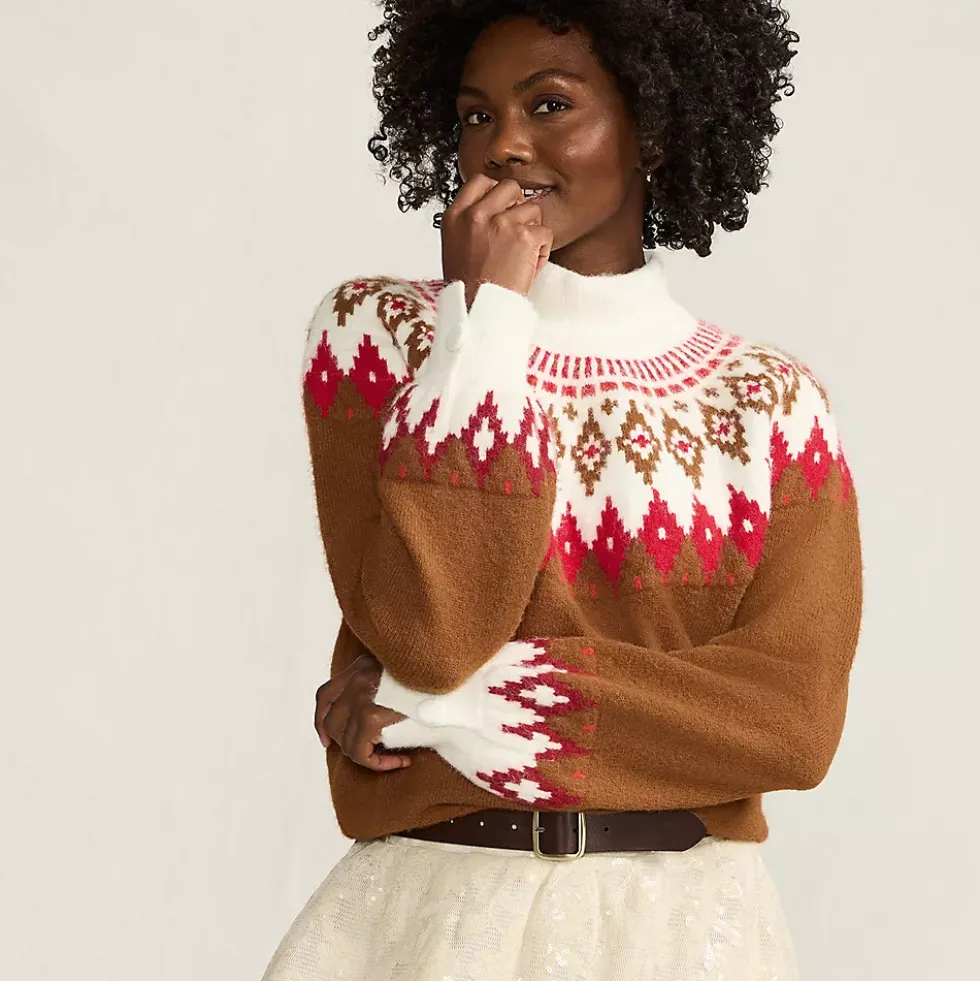 Women's Fuzzy Turtleneck Lantern Sleeve Jacquard Sweater