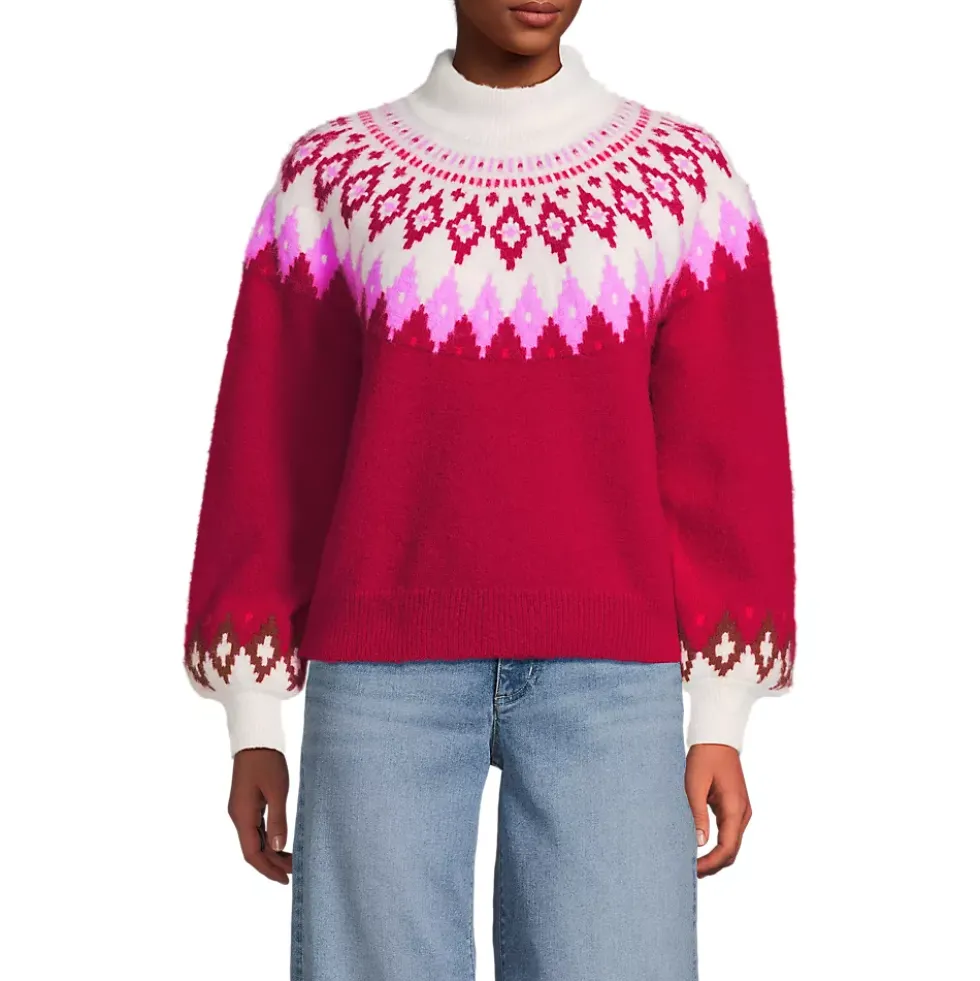 Women's Fuzzy Turtleneck Lantern Sleeve Jacquard Sweater