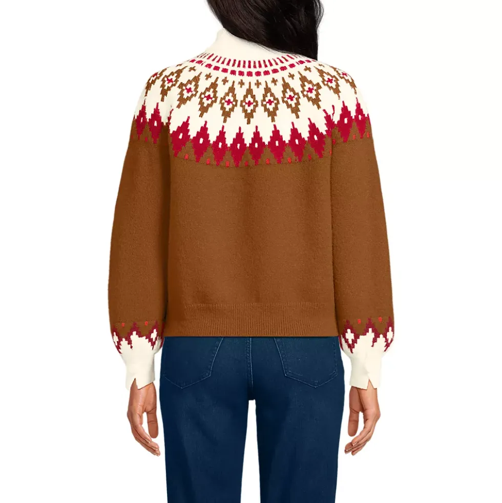 Women's Fuzzy Turtleneck Lantern Sleeve Jacquard Sweater