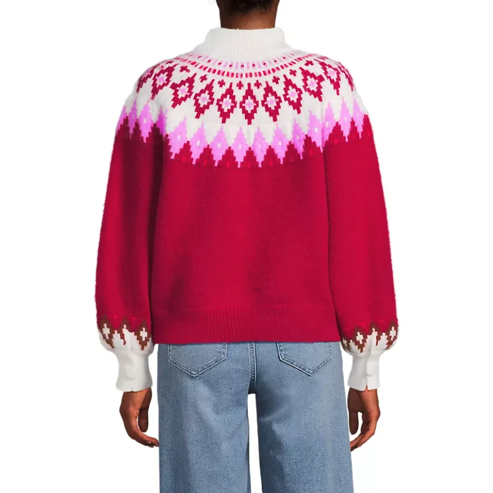 Women's Fuzzy Turtleneck Lantern Sleeve Jacquard Sweater