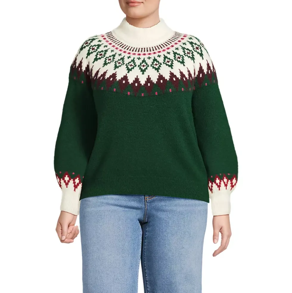 Women's Fuzzy Turtleneck Lantern Sleeve Jacquard Sweater