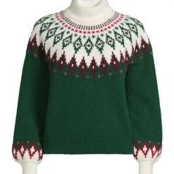Women's Fuzzy Turtleneck Lantern Sleeve Jacquard Sweater