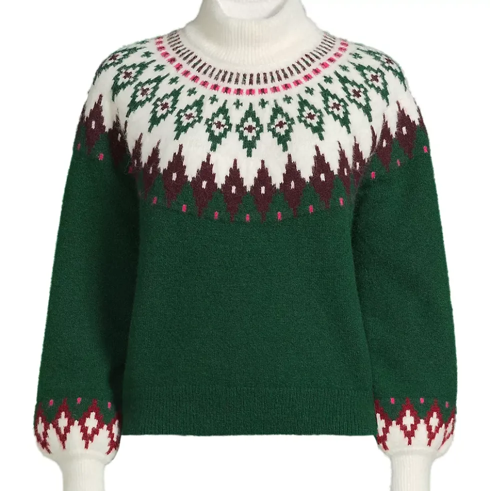 Women's Fuzzy Turtleneck Lantern Sleeve Jacquard Sweater