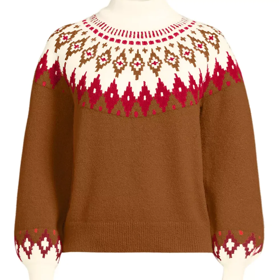Women's Fuzzy Turtleneck Lantern Sleeve Jacquard Sweater