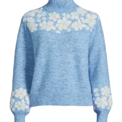 Women's Fuzzy Turtleneck Lantern Sleeve Jacquard Sweater