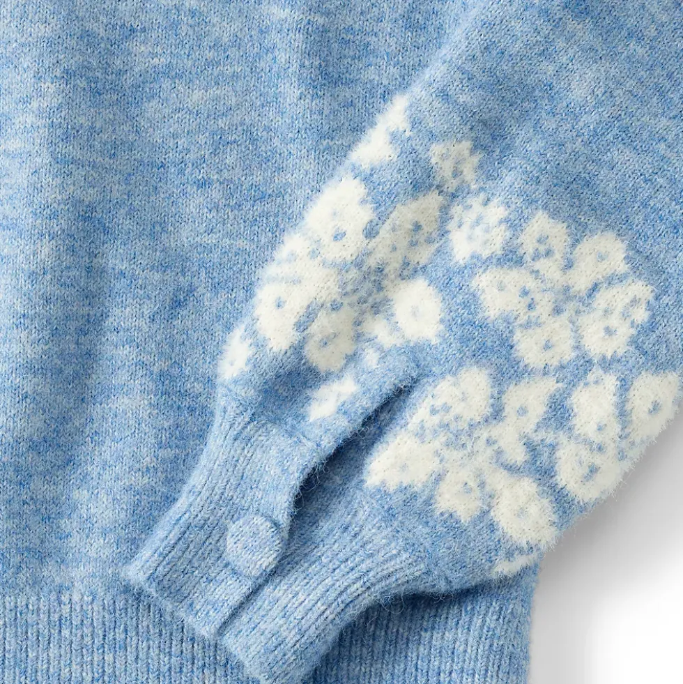 Women's Fuzzy Turtleneck Lantern Sleeve Jacquard Sweater