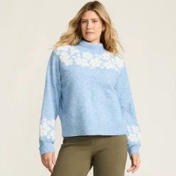 Women's Fuzzy Turtleneck Lantern Sleeve Jacquard Sweater