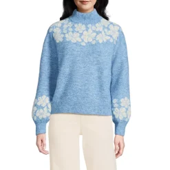 Women's Fuzzy Turtleneck Lantern Sleeve Jacquard Sweater