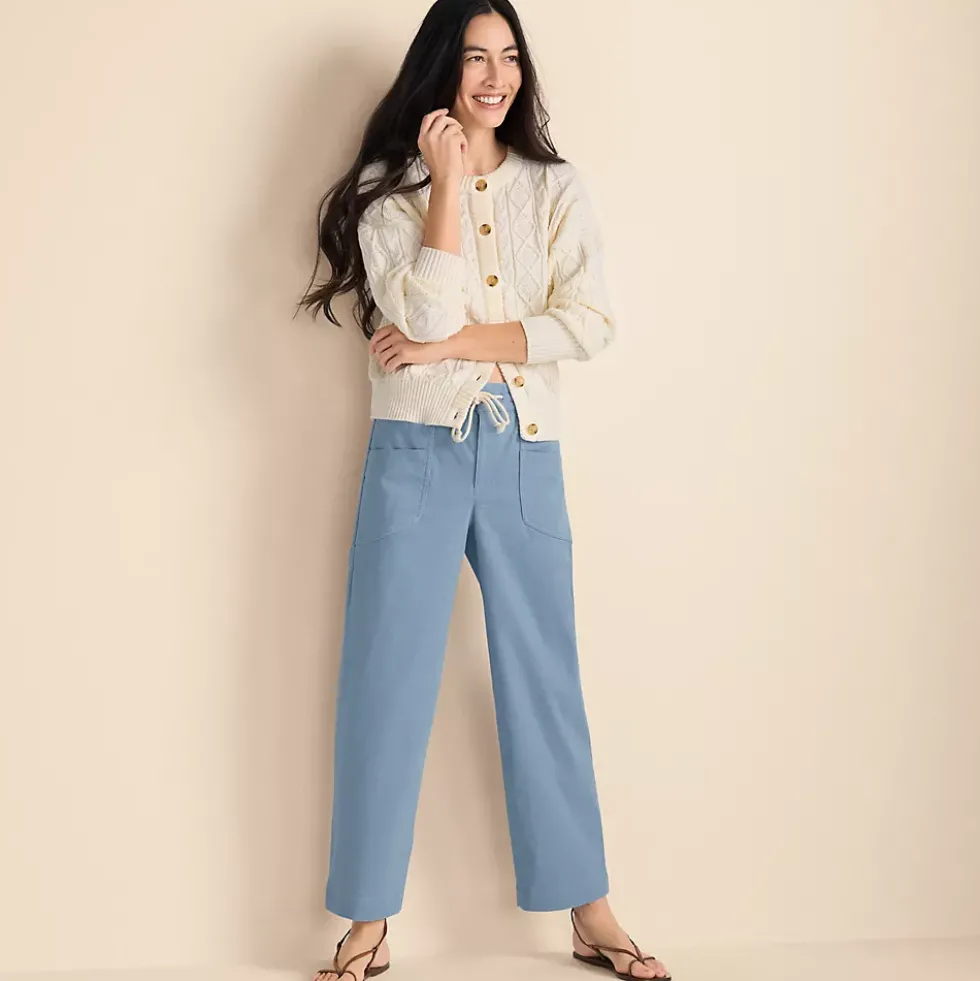 Women's Herringbone Chino High Rise Relaxed Straight Drawstring Ankle Pants