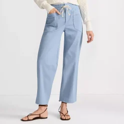 Women's Herringbone Chino High Rise Relaxed Straight Drawstring Ankle Pants