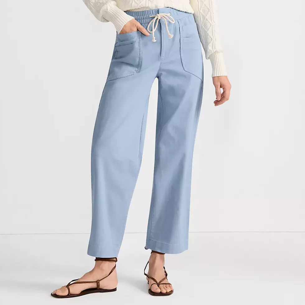 Women's Herringbone Chino High Rise Relaxed Straight Drawstring Ankle Pants