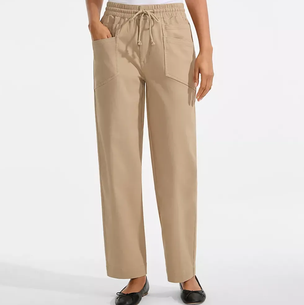 Women's Herringbone Chino High Rise Relaxed Straight Drawstring Ankle Pants