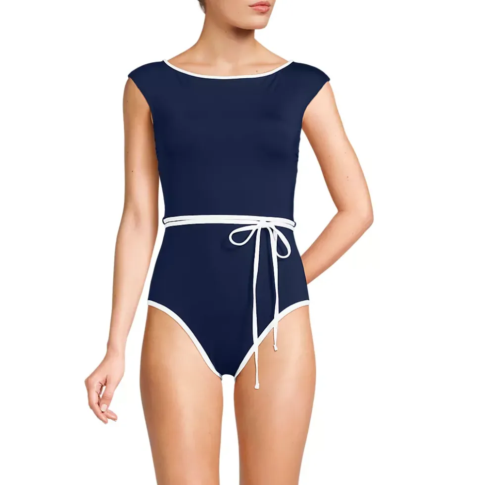 Women's High Neck Cap Sleeve Tie Belt One Piece Swimsuit