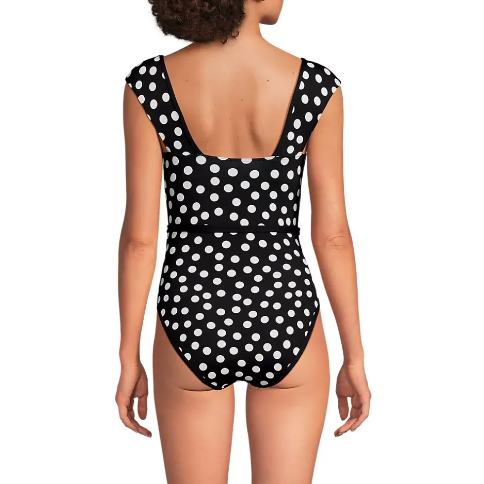 Women's High Neck Cap Sleeve Tie Belt One Piece Swimsuit