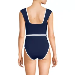 Women's High Neck Cap Sleeve Tie Belt One Piece Swimsuit