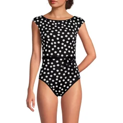 Women's High Neck Cap Sleeve Tie Belt One Piece Swimsuit