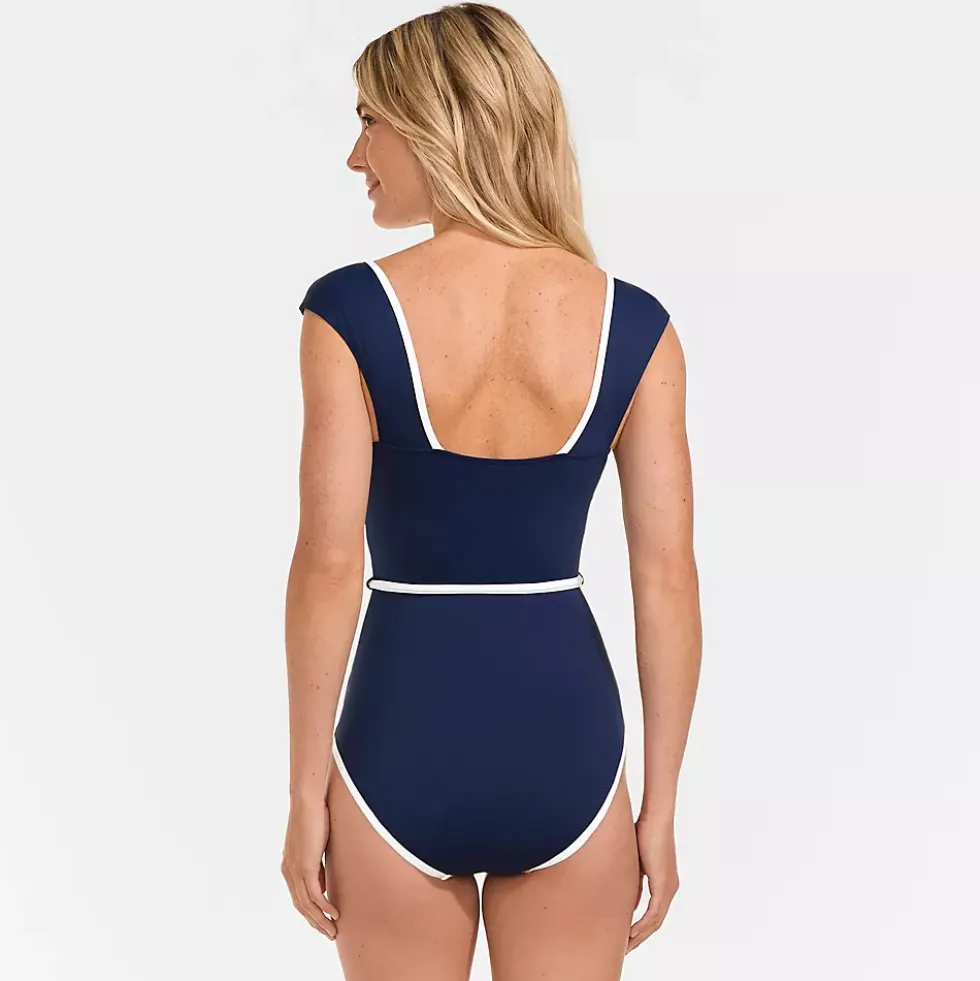 Women's High Neck Cap Sleeve Tie Belt One Piece Swimsuit