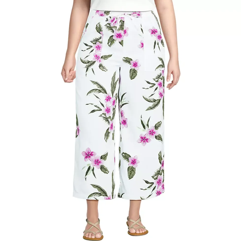 Women's High Rise Drawstring Linen Wide Leg Crop Pants
