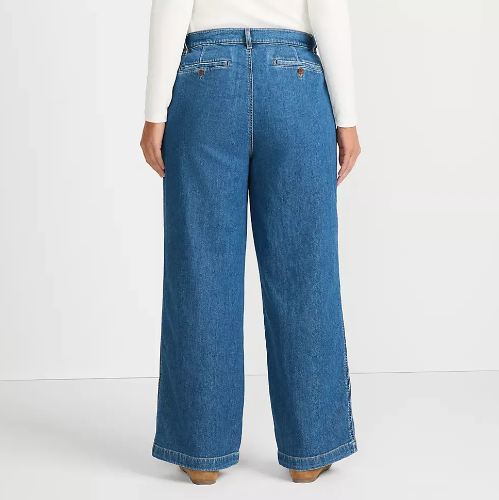 Women's High Rise Soft Denim Pleated Wide Leg Trousers
