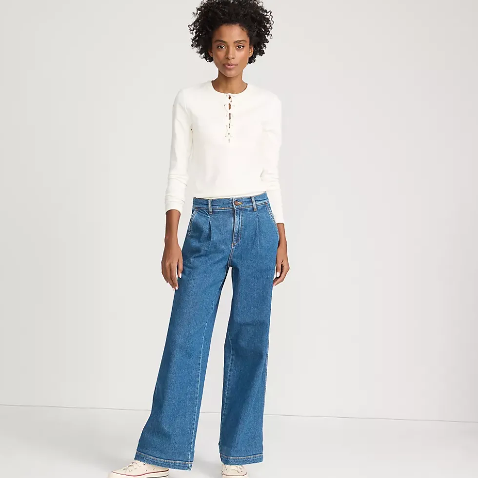 Women's High Rise Soft Denim Pleated Wide Leg Trousers