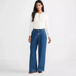 Women's High Rise Soft Denim Pleated Wide Leg Trousers