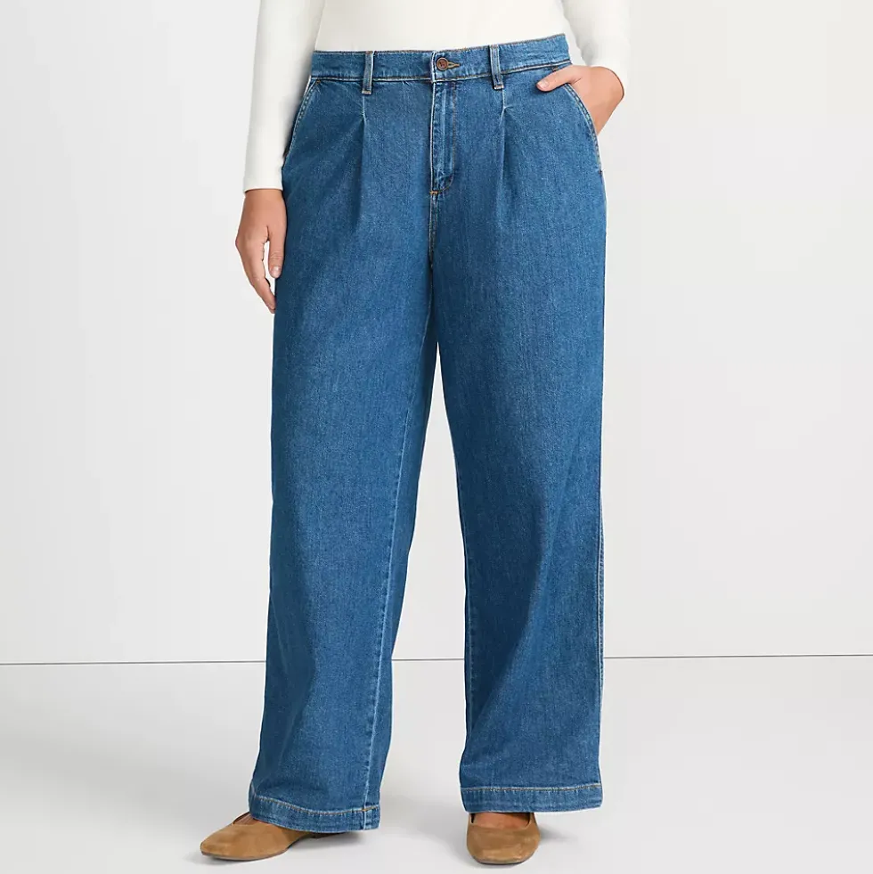 Women's High Rise Soft Denim Pleated Wide Leg Trousers