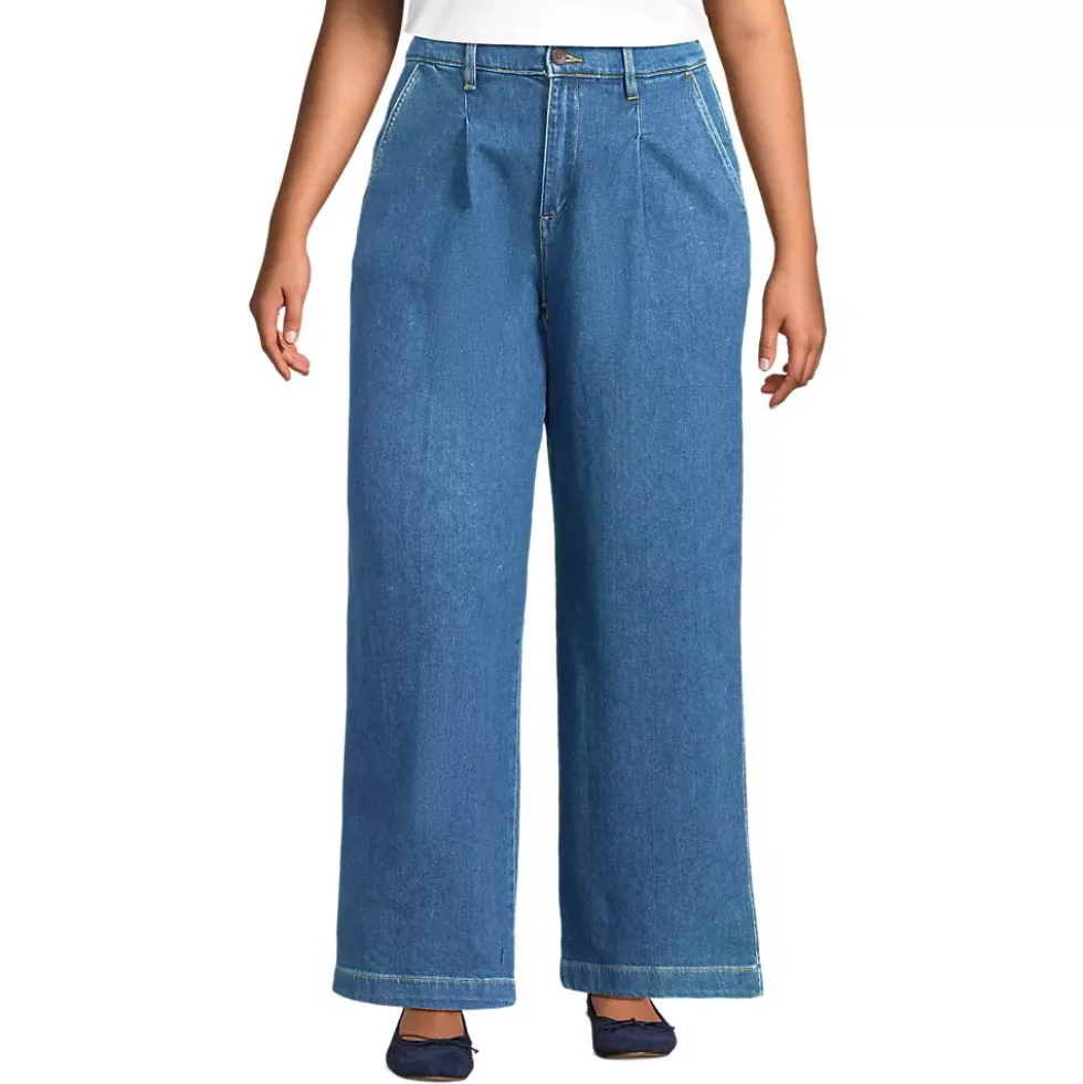 Women's High Rise Soft Denim Pleated Wide Leg Trousers