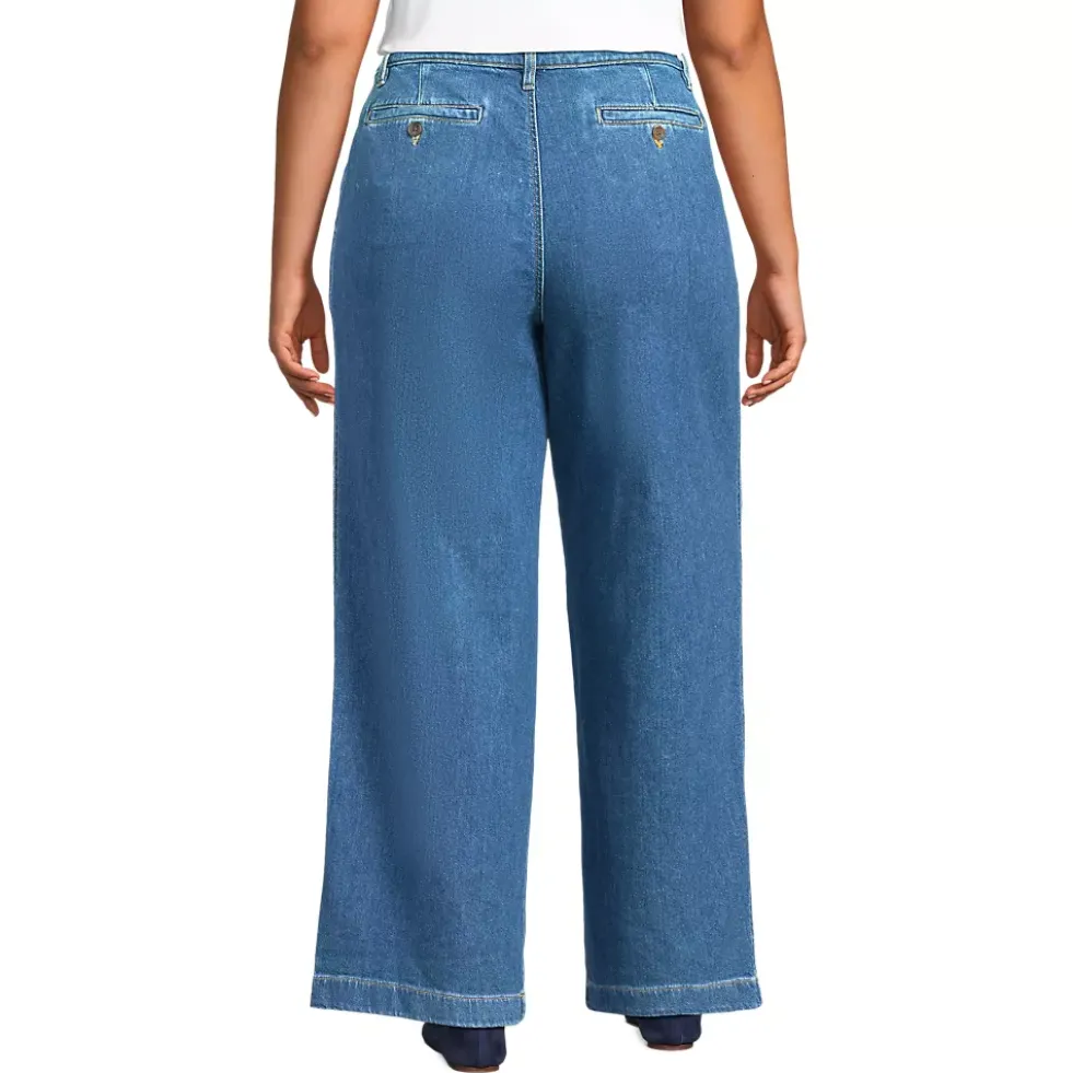 Women's High Rise Soft Denim Pleated Wide Leg Trousers