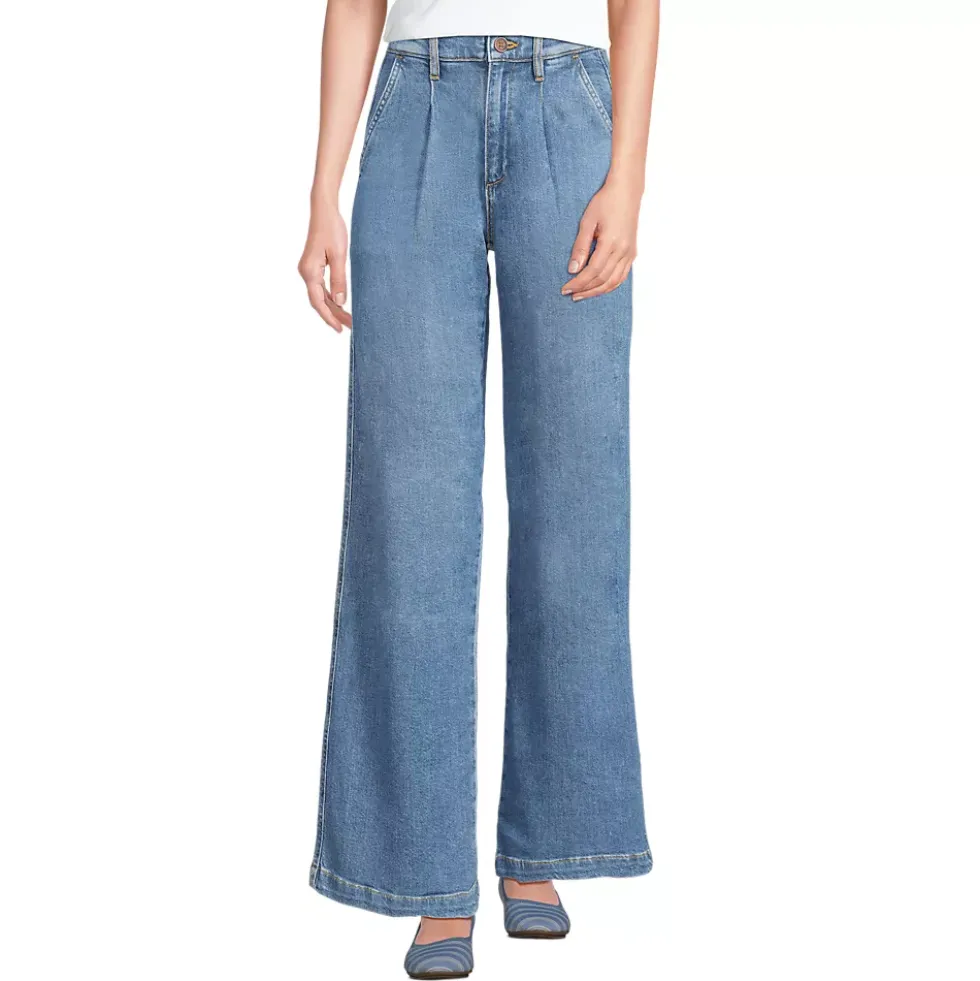 Women's High Rise Soft Denim Pleated Wide Leg Trousers