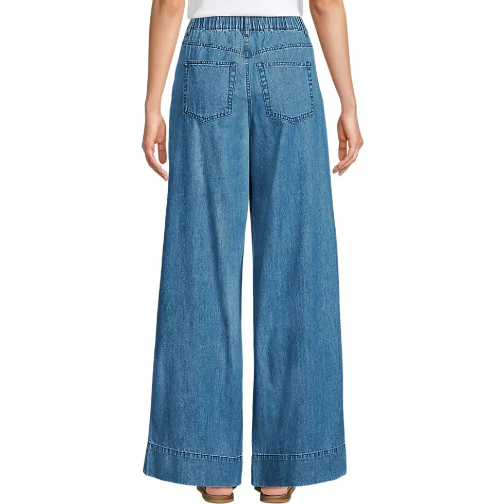 Women's High Rise Wide Leg Double Pleated Denim Trousers