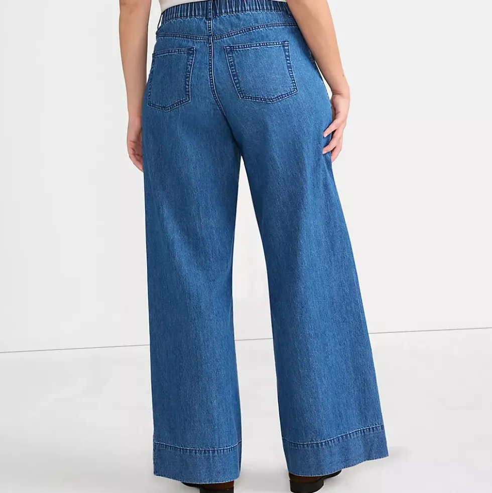 Women's High Rise Wide Leg Double Pleated Denim Trousers