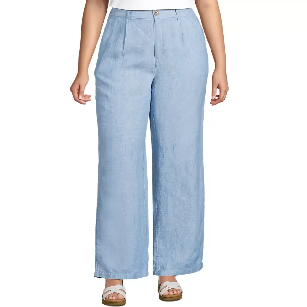 Women's High Rise Wide Leg Linen Pleated Pants