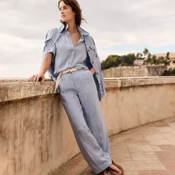 Women's High Rise Wide Leg Linen Pleated Pants