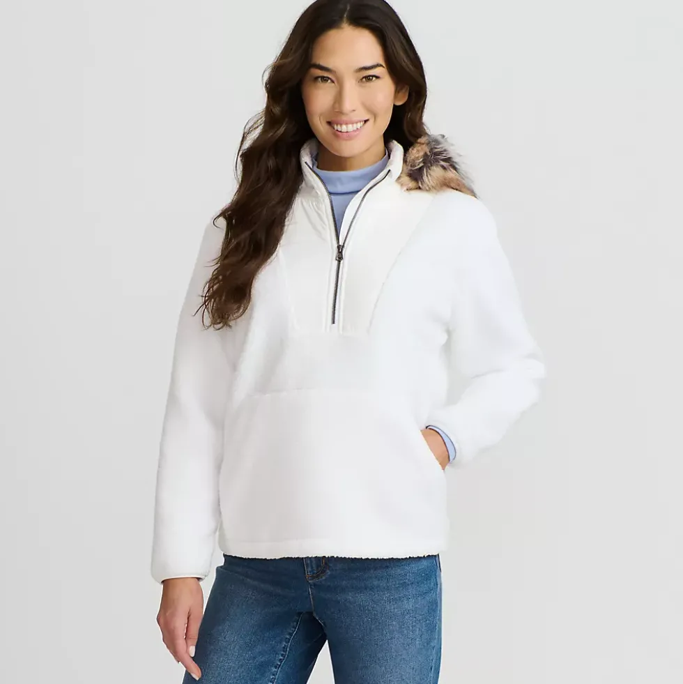 Women's Hooded Half Zip Faux Fur Sherpa Fleece Pullover