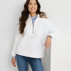 Women's Hooded Half Zip Faux Fur Sherpa Fleece Pullover