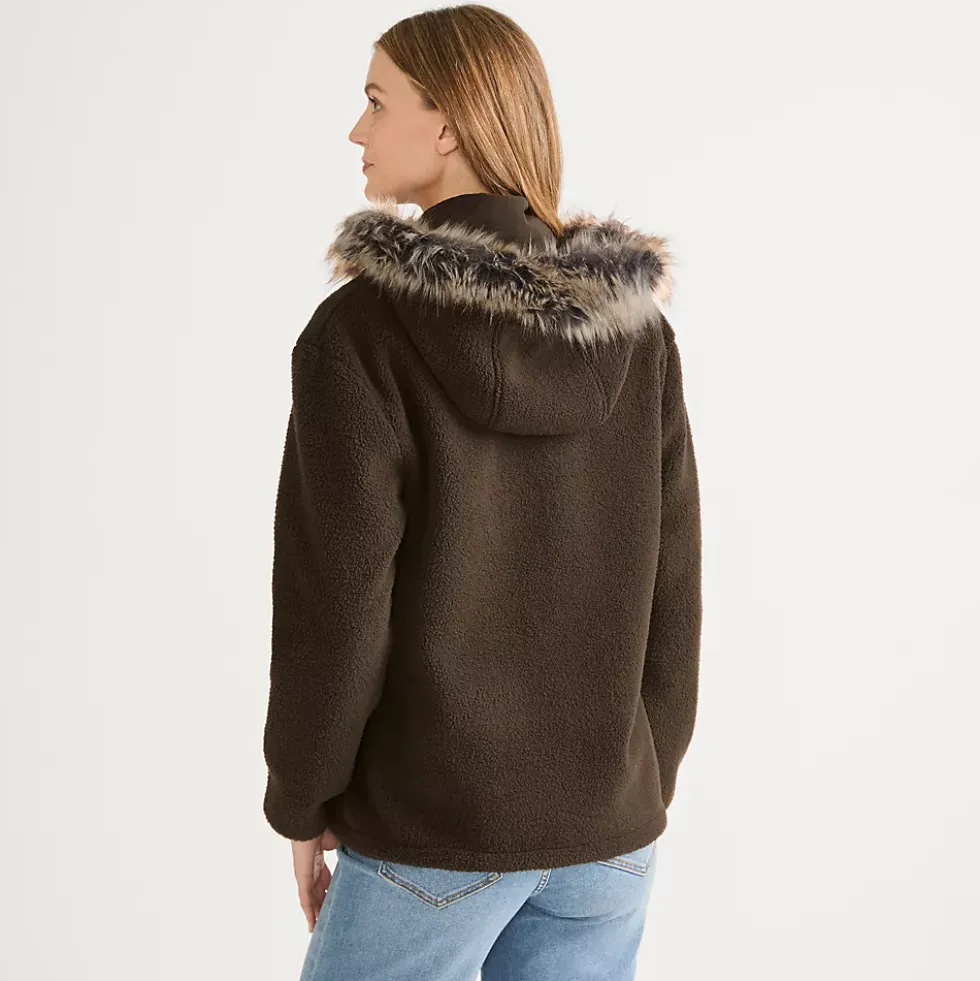 Women's Hooded Half Zip Faux Fur Sherpa Fleece Pullover