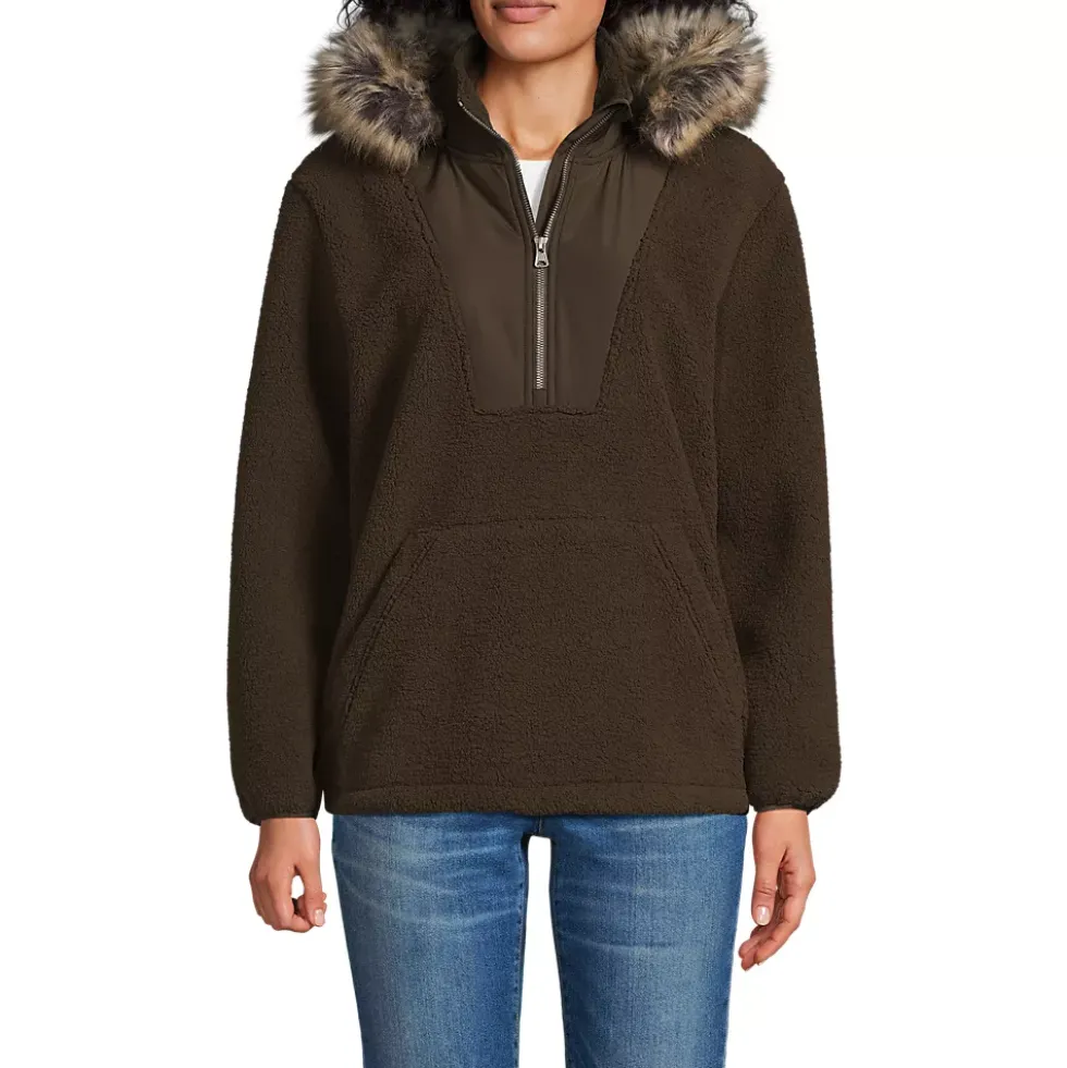 Women's Hooded Half Zip Faux Fur Sherpa Fleece Pullover