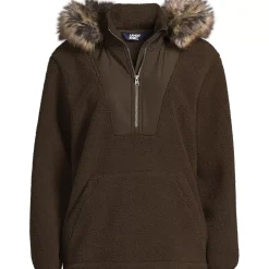 Women's Hooded Half Zip Faux Fur Sherpa Fleece Pullover