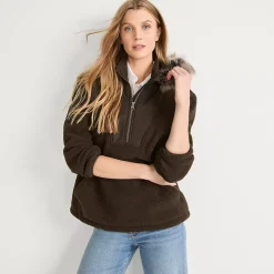 Women's Hooded Half Zip Faux Fur Sherpa Fleece Pullover